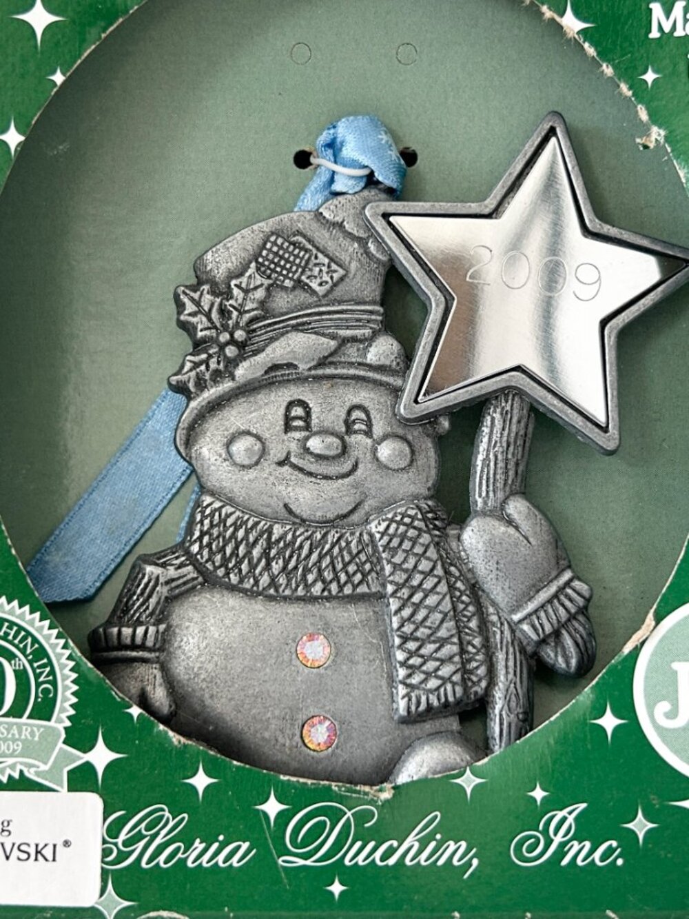 Gloria Duchin 2009 Snowman Ornament Pewter Swarovski Crystals Joy USA NIB